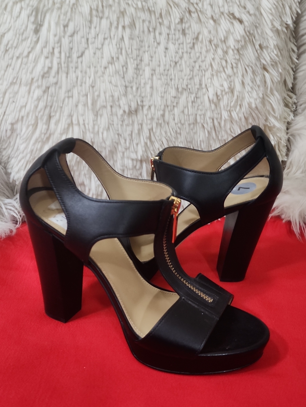 Michael Kors Black Platform Block Heel Sandals with Gold Zip